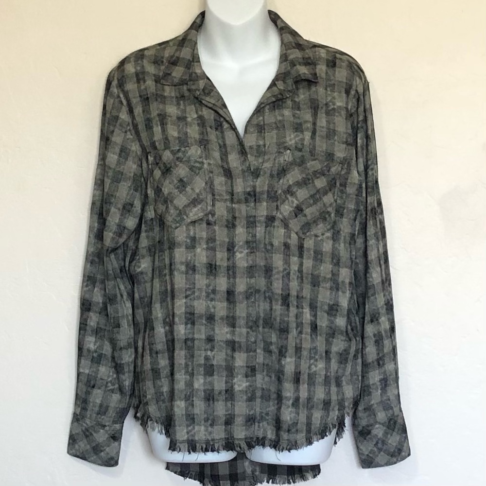 Cloth & Stone Plaid Frayed Hem Split Back Shirt Sz S